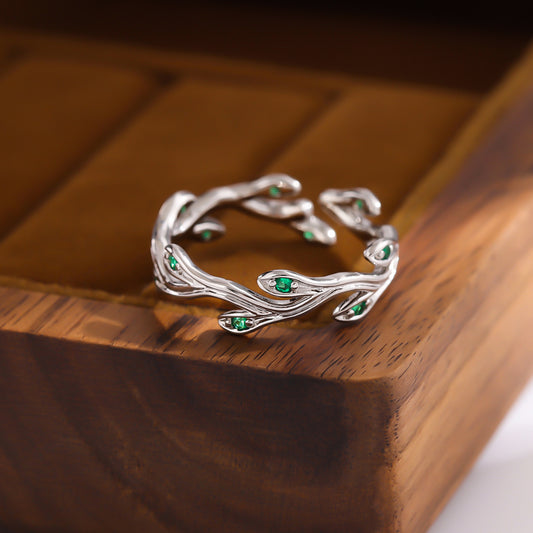 Sterling Silver Fashion Green Emerald Branch Elegant Personality Leaf Open Ring